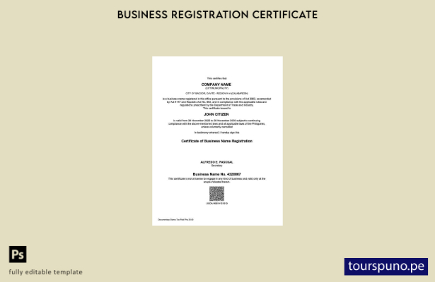 listo para imprimir Certificado de Filipinas de registro de nombre comercial Pla
